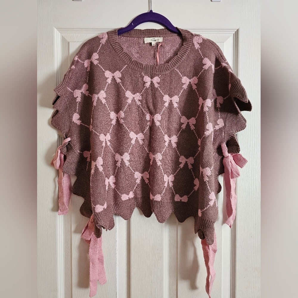 Entro Pink and Brown Bow Knit Poncho
